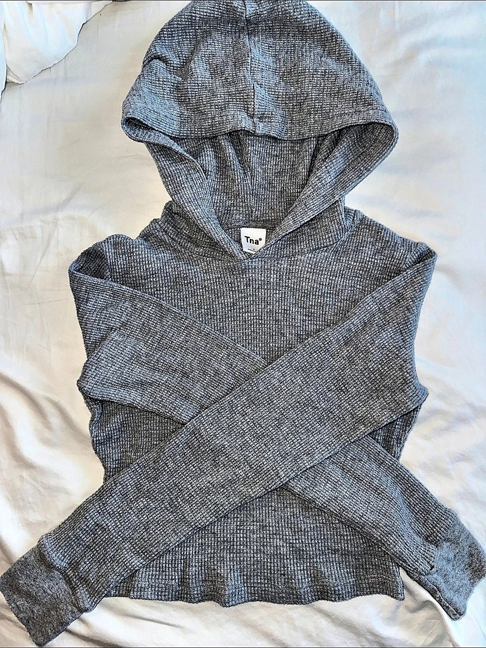 Tna Waffle Zip Hoodie Hooded Long Sleeve Top in Gray Small